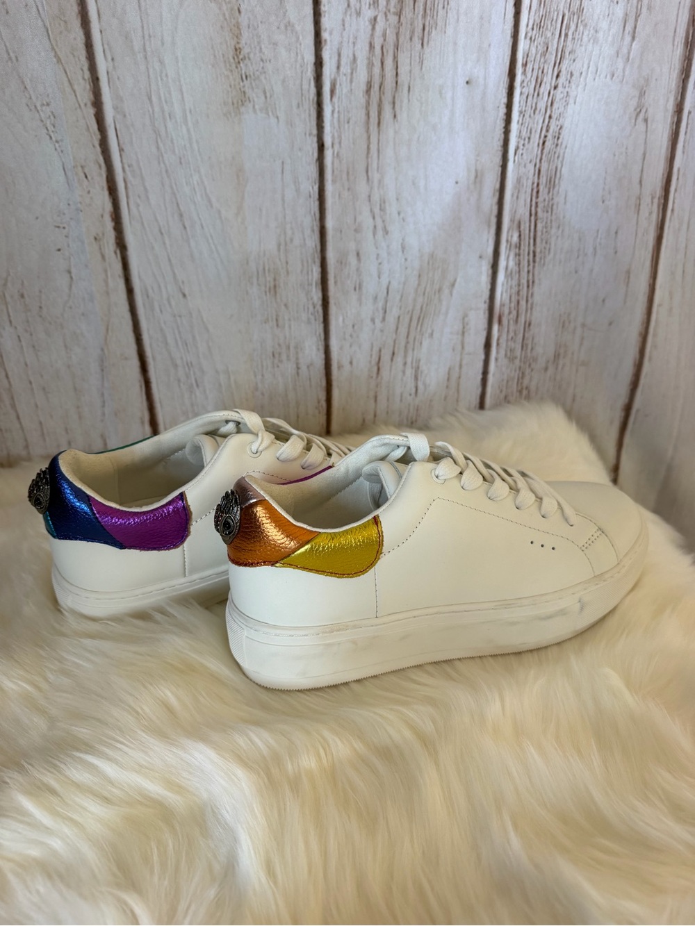 Kurt Geiger London Laney Eagle White Leather Rainbow Metallic Sneakers Size 40